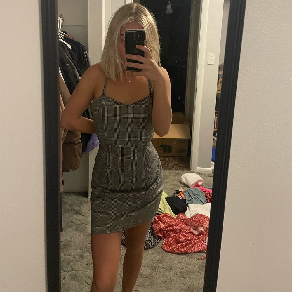 Black, grey, white, checkered, spaghetti strap, cross back, cocktail dress.
